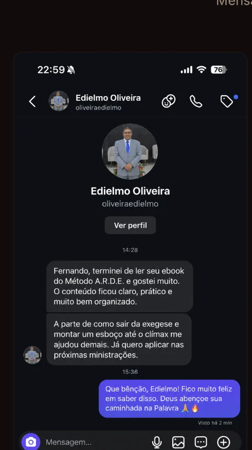 Mensagem de Edielmo sobre clareza, prática e organização do Método A.R.D.E.