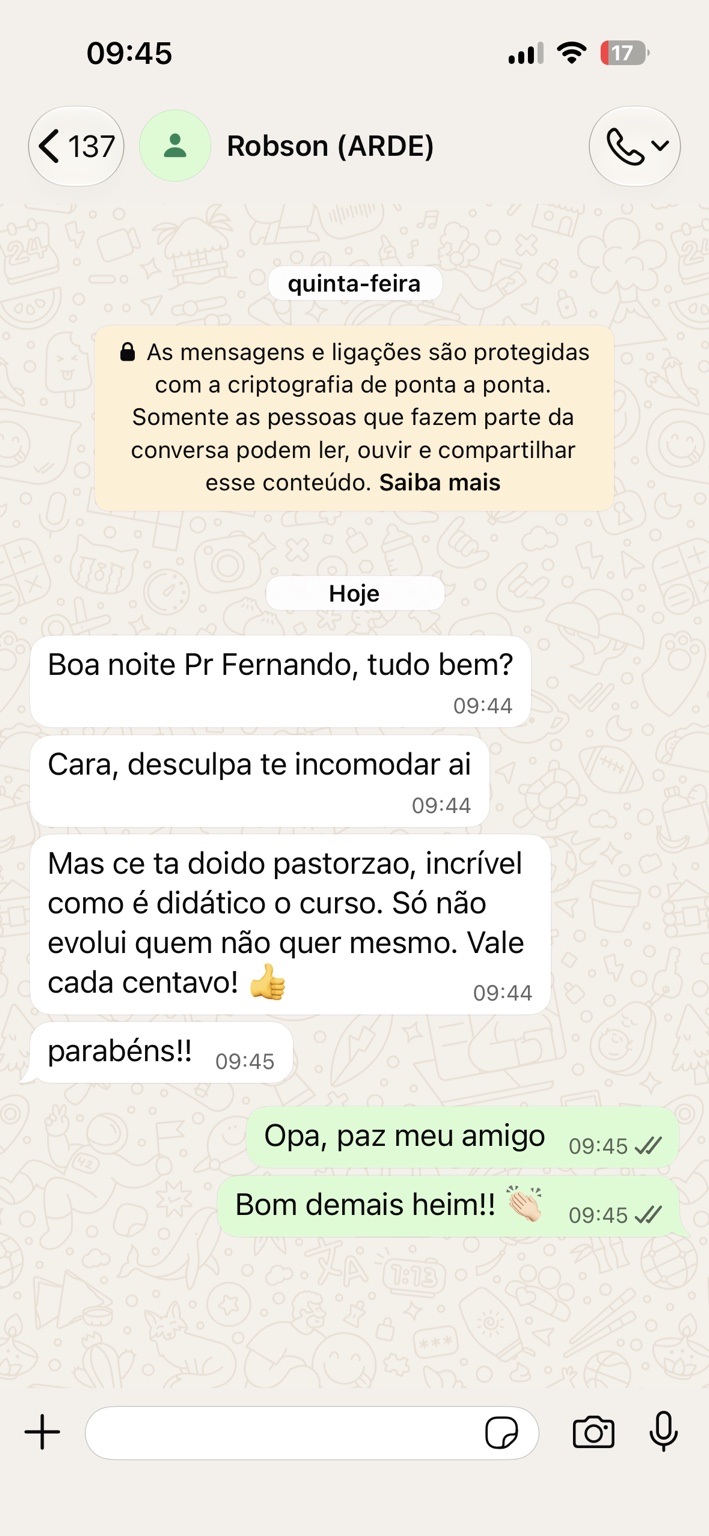 Conversa com Robson elogiando a didática e o valor do Método A.R.D.E.